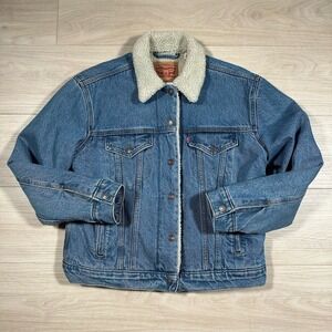 Levi's Jacket Mens MEDIUM Blue Denim Sherpa Lined Trucker Snap winter Size M